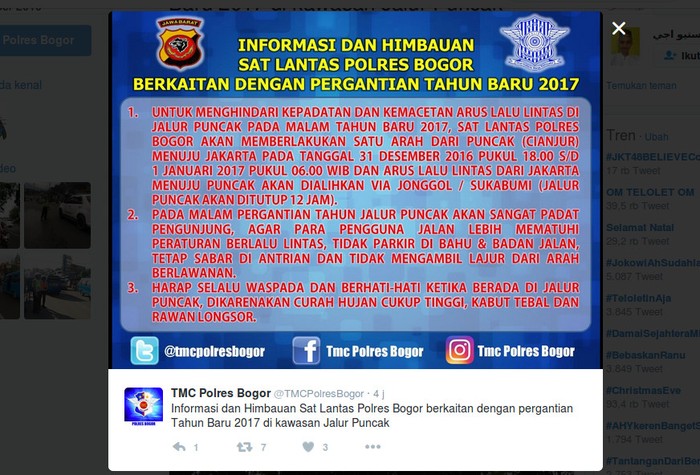 Ini Pengalihan Jalur ke Kawasan Puncak Bogor Saat Malam Tahun Baru