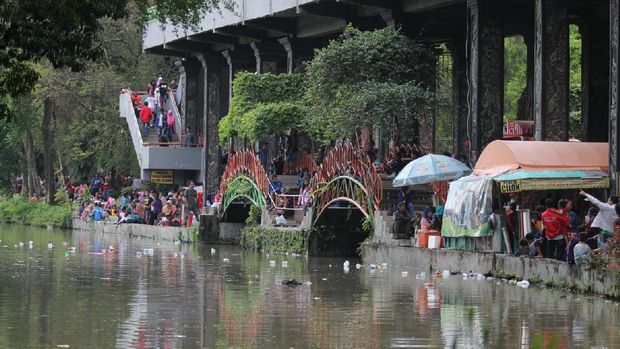 Sampah yang dibuang pengunjung mengapung di danau buatan di KBS