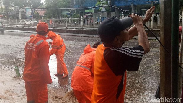 Pohon Tumbang di Buncit Jaksel, Petugas Betulkan Kabel yang Menjuntai