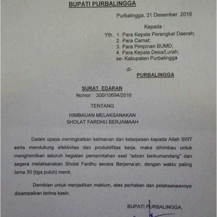 Bupati Purbalingga Terbitkan Edaran Salat Berjemaah Tepat Waktu