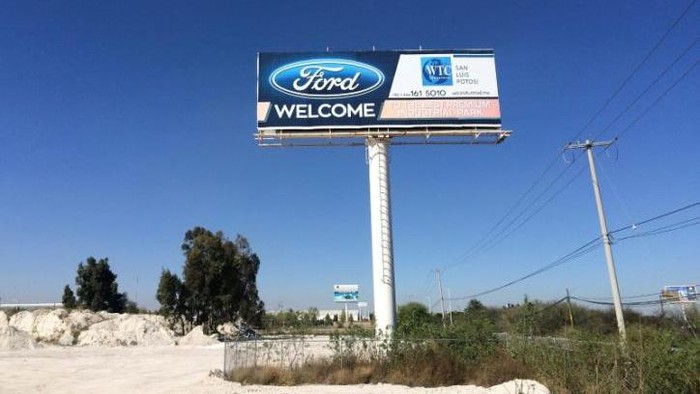 A billboard welcoming Ford Motor Co is seen at an industrial park in San Luis Potosi, Mexico, January 4, 2017.