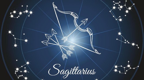 Zodiac sign sagittarius and circle constellations. Vector illustration