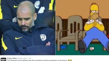 Ekspresi termangu Guardiola yang dibandingkan mirip karakter Simpson. Foto: Istimewa