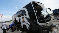 Beberapa penumpang tengah meletakan barang bawaan mereka di dalam bagasi bus.