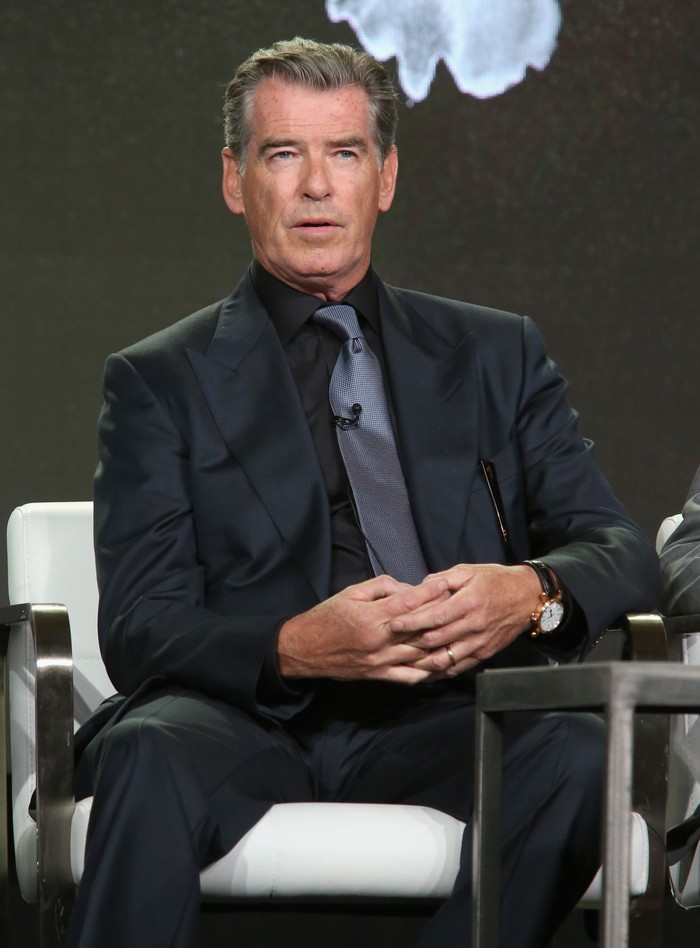 PASADENA, CA - JANUARY 14:  Actor Pierce Brosnan speaks onstage during the AMC presentation of The SON, HUMANS Season 2, Better Call Saul Season 3 on January 14, 2017 in Pasadena, California.  (Photo by Jesse Grant/Getty Images for AMC Networks)