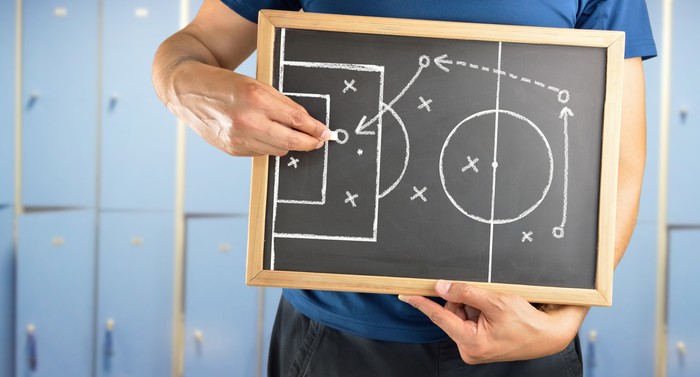 hand of a football coach drawing a tactics of soccer game  with white chalk on blackboard at changing room