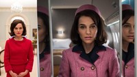 Madeline Fontaine sukses membawa sosok Jackie Kennedy hadir dalam diri Natalie Portman, seperti dress wool merah dari Dior yang ikonik dan juga setelan berwarna pink dari Channel yang lekat dengan sosok ibu negara tersebut. (Dok. Stephanie Branchu/Fox Searchlight Pictures)