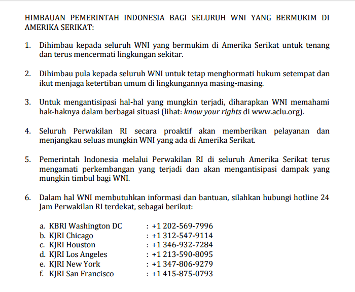 Situasi Aman, KBRI Washington Imbau WNI di AS Tetap Tenang