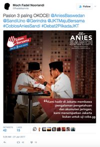 Contoh tweet dukungan untuk Anies-Sandi.