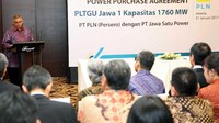 Dalam sambutannya Sofyan Basir mengatakan bahwa proyek PLTGU Jawa 1 ini sangat penting untuk mengantisipasi pertumbuhan ekonomi masyarakat, disamping itu proyek ini sebagai wujud komitmen kepedulian terhadap peningkatan energi bersih. Agus Trimukti/Humas PLN.