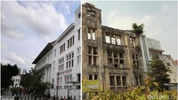 Kolase dua foto menunjukan perbedaan gedung tua sebelum renovasi (kanan) dan sesudah renovasi (kiri).