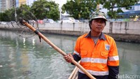 Petugas tersebut menggunakan alat sederhana untuk memungut  sampah dari aliran kali. Kemudian sampah itu dikumpulkan dan diangkut menggunakan truk sampah.