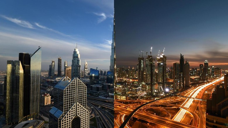 Lanskap Kota Dubai di Malam dan Siang Hari
