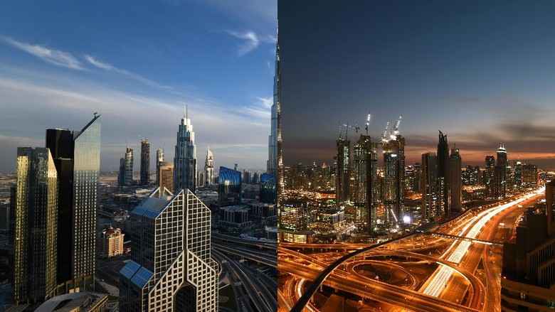 Lanskap Kota Dubai di Malam dan Siang Hari 