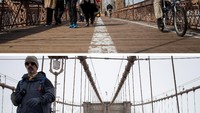 Cuaca akstrem terjadi di kota New York, Amerika Serikat. Dalam foto kombinasi, pada Rabu (8/2) temperatur di jembatan Brooklyn, New York terasa hangat mencapai suhu 60 derajat celcius, namun pada Kamis (9/2) terjadi badai salju. Drew Angerer/Getty Images.