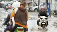 Pemotor menerobos air hujan di Jatibening, Kota Bekasi.