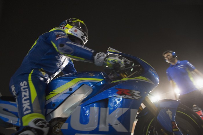 DOHA, QATAR - MARCH 17:  Aleix Espargaro of Spain and Team Suzuki ECSTAR starts from box during the MotoGp of Qatar - Free Practice at Losail Circuit on March 17, 2016 in Doha, Qatar.  (Photo by Mirco Lazzari gp/Getty Images)