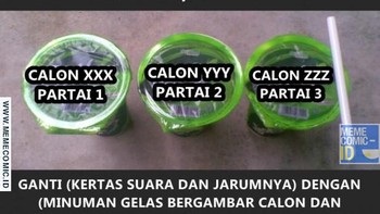 Mau memberantas golput? Meme ini menyarankan agar kertas suara diganti minuman kemasan. Foto: Istimewa
