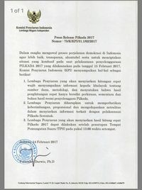 Surat edaran KPI mengenai penyiaran quick count pilkada serentak 2017