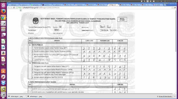Formulir C1 yang diunggah di laman resmi KPU.