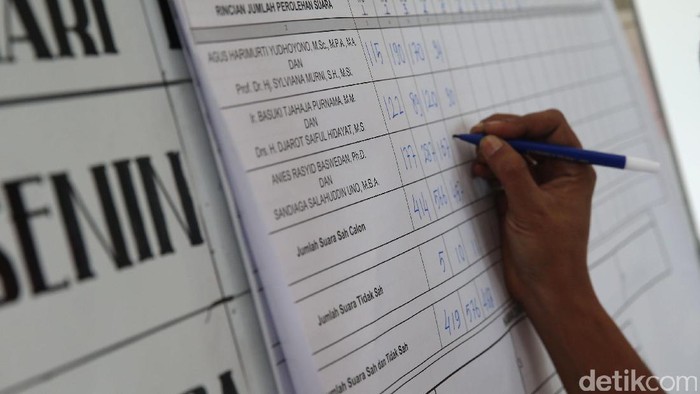 Petugas dari Panitia Pemilihan Kecamatan (PPK) beserta para KPPS, saksi dan warga menyaksikan rekapitulasi suara tingkat kecamatan di kantor Kecamatan Menteng, Jakarta, Jumat (17/2/2017).  Rekapitulasi manual ini akan berlangsung hingga 22 Februari untuk mengetahui hasil Pilkada DKI Jakarta, Rabu (15/2/2017). (Ari Saputra/detikcom)