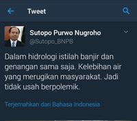 Tweet Sutopo soal banjir dan genangan.