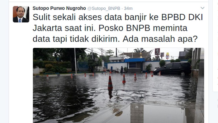 BNPB Sulit Akses Data Banjir, BPBD DKI: Semua Ada di Twitter