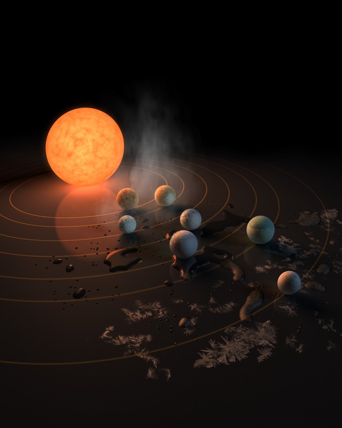 UNSPECIFIED:  In this NASA digital illustration handout released on February 22, 2017, an artists concept shows what the TRAPPIST-1 planetary system may look like, based on available data about the planets diameters, masses and distances from the host star. The system has been revealed through observations from NASAs Spitzer Space Telescope as well as other ground-based observatories, and the ground-based TRAPPIST telescope for which it was named after. The seven planets of TRAPPIST-1 are all Earth-sized and terrestrial, according to research published in 2017 in the journal Nature. TRAPPIST-1 is an ultra-cool dwarf star in the constellation Aquarius, and its planets orbit very close to it. They are likely all tidally locked, meaning the same face of the planet is always pointed at the star, as the same side of our moon is always pointed at Earth. This creates a perpetual night side and perpetual day side on each planet. TRAPPIST-1b and c receive the most light from the star and would be the warmest. TRAPPIST-1e, f and g all orbit in the habitable zone, the area where liquid water is most likely to be detected. But any of the planets could potentially harbor liquid water, depending on their compositions. In the imagined planets shown here, TRAPPIST-1b is shown as a larger analogue to Jupiters moon Io. TRAPPIST-1d is depicted with a narrow band of water near the terminator, the divide between a hot, dry day and an ice-covered night side. TRAPPIST-1e and TRAPPIST-1f are both shown covered in water, but with progressively larger ice caps on the night side. TRAPPIST-1g is portrayed with an atmosphere like Neptunes, although it is still a rocky world. TRAPPIST-1h, the farthest from the star, would be the coldest. It is portrayed here as an icy world, similar to Jupiters moon Europa, but the least is known about it. (Photo digital Illustration by NASA/NASA via Getty Images)
