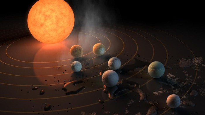 UNSPECIFIED:  In this NASA digital illustration handout released on February 22, 2017, an artists concept shows what the TRAPPIST-1 planetary system may look like, based on available data about the planets diameters, masses and distances from the host star. The system has been revealed through observations from NASAs Spitzer Space Telescope as well as other ground-based observatories, and the ground-based TRAPPIST telescope for which it was named after. The seven planets of TRAPPIST-1 are all Earth-sized and terrestrial, according to research published in 2017 in the journal Nature. TRAPPIST-1 is an ultra-cool dwarf star in the constellation Aquarius, and its planets orbit very close to it. They are likely all tidally locked, meaning the same face of the planet is always pointed at the star, as the same side of our moon is always pointed at Earth. This creates a perpetual night side and perpetual day side on each planet. TRAPPIST-1b and c receive the most light from the star and would be the warmest. TRAPPIST-1e, f and g all orbit in the habitable zone, the area where liquid water is most likely to be detected. But any of the planets could potentially harbor liquid water, depending on their compositions. In the imagined planets shown here, TRAPPIST-1b is shown as a larger analogue to Jupiters moon Io. TRAPPIST-1d is depicted with a narrow band of water near the terminator, the divide between a hot, dry day and an ice-covered night side. TRAPPIST-1e and TRAPPIST-1f are both shown covered in water, but with progressively larger ice caps on the night side. TRAPPIST-1g is portrayed with an atmosphere like Neptunes, although it is still a rocky world. TRAPPIST-1h, the farthest from the star, would be the coldest. It is portrayed here as an icy world, similar to Jupiters moon Europa, but the least is known about it. (Photo digital Illustration by NASA/NASA via Getty Images)