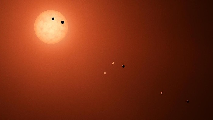 UNSPECIFIED:  In this NASA digital illustration handout released on February 22, 2017, an artists concept shows what the TRAPPIST-1 planetary system may look like, based on available data about the planets diameters, masses and distances from the host star. The system has been revealed through observations from NASAs Spitzer Space Telescope as well as other ground-based observatories, and the ground-based TRAPPIST telescope for which it was named after. The seven planets of TRAPPIST-1 are all Earth-sized and terrestrial, according to research published in 2017 in the journal Nature. TRAPPIST-1 is an ultra-cool dwarf star in the constellation Aquarius, and its planets orbit very close to it. They are likely all tidally locked, meaning the same face of the planet is always pointed at the star, as the same side of our moon is always pointed at Earth. This creates a perpetual night side and perpetual day side on each planet. TRAPPIST-1b and c receive the most light from the star and would be the warmest. TRAPPIST-1e, f and g all orbit in the habitable zone, the area where liquid water is most likely to be detected. But any of the planets could potentially harbor liquid water, depending on their compositions. In the imagined planets shown here, TRAPPIST-1b is shown as a larger analogue to Jupiters moon Io. TRAPPIST-1d is depicted with a narrow band of water near the terminator, the divide between a hot, dry day and an ice-covered night side. TRAPPIST-1e and TRAPPIST-1f are both shown covered in water, but with progressively larger ice caps on the night side. TRAPPIST-1g is portrayed with an atmosphere like Neptunes, although it is still a rocky world. TRAPPIST-1h, the farthest from the star, would be the coldest. It is portrayed here as an icy world, similar to Jupiters moon Europa, but the least is known about it. (Photo digital Illustration by NASA/NASA via Getty Images)