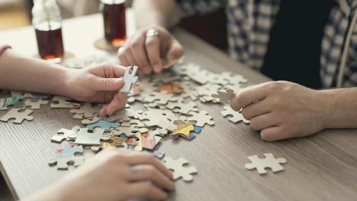 Child, playing puzzles at home