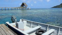 Foto: Pemandangan indah dari dermaga. Sebuah perahu boat yang tengah bersandar pun tampak melayang karena air yang bening (Randy/detikTravel)