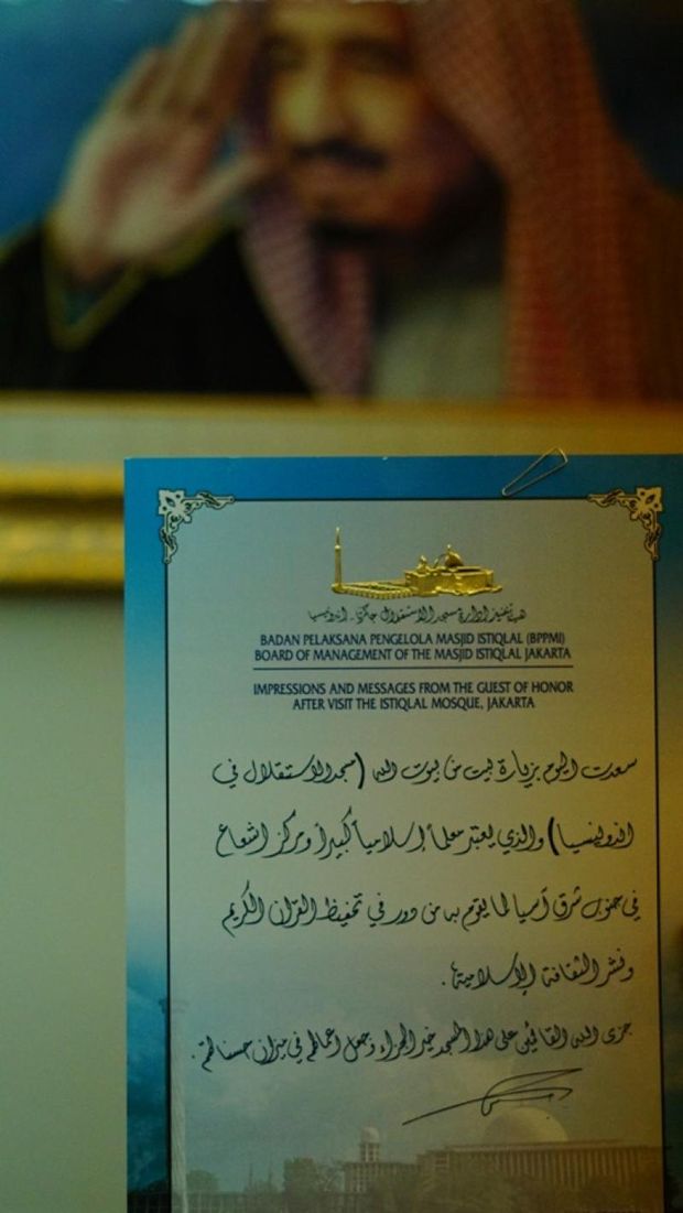 Tulisan Raja Salman untuk pesan dan kesan Istiqlal. 