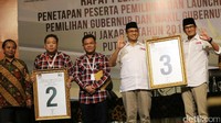 KPU DKI menyerahkan secara simbolis nomor urut Cagub-Cawagub usai rapat pleno di Hotel Borobudur, Jakarta Pusat, Sabtu (4/3/2017).