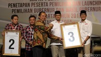 Anies-Sandi mendapat nomor urut 3. Penyerahan nomor urut itu dilakukan oleh Ketua KPU DKI Jakarta Sumarno kepada Anies-Sandi.