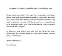 Ungkapan terima kasih Ernest yang diunggah melalui Twitter.