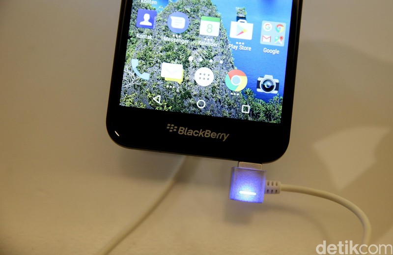 Model menunjukan BB Aurora yang diproduksi PT BlackBerry Merah Putih saat peluncuran di Senayan, Jakarta, Kamis (9/3/2017). BB Aurora mempunyai kandungan komponen lokal 30 persen. BB Aurora dibandrol Rp 3.499.000. (Ari Saputra/detikcom)
