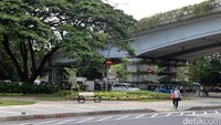 Jalur pedestrian yang berada di perempatan Jl Jati Baru Raya dan Jl Fachrudin itu tampak asri.