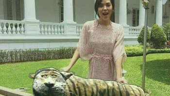 Foto penyanyi cantik Raisa yang seharusnya menenteng sepeda hadiah dari Presiden Joko Widodo, dipermak menjadi bersama si macan lucu. (Foto: meme di internet)