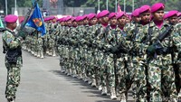 Pasukan Marinir juga berjalan dibelakang kendaraan tempur yang siap beraksi.