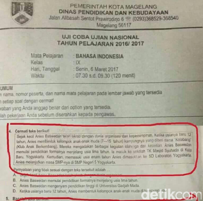 Nama Anies-Sandi Ada di Naskah Uji Coba UN di Kota Magelang