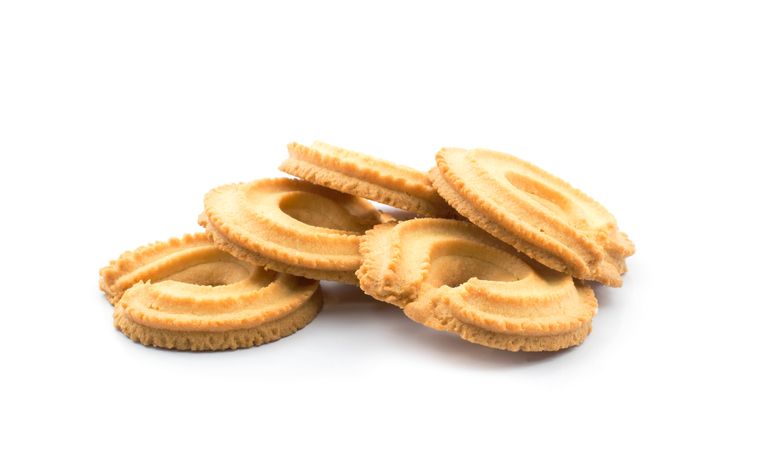Close up of vanilla ring butter cookies or biscuit. Isolated on white background