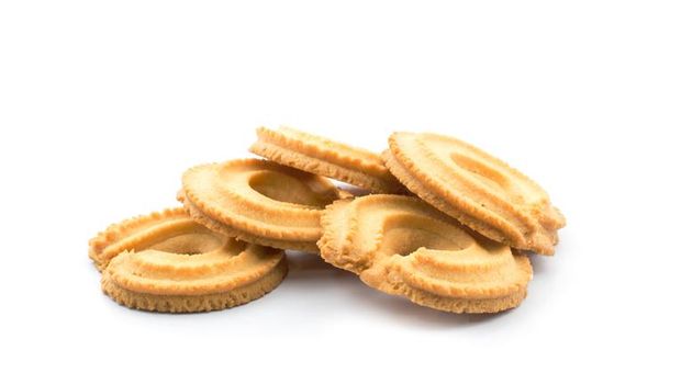 Close up of vanilla ring butter cookies or biscuit. Isolated on white background