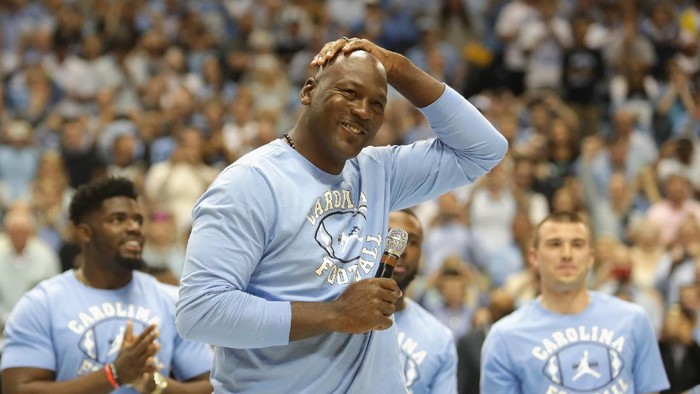 CHAPEL HILL, NC - MARCH 04:  Michael Jordan speaks to the crowd at halftime during their game against the Duke Blue Devils at the Dean Smith Center on March 4, 2017 in Chapel Hill, North Carolina.  (Photo by Streeter Lecka/Getty Images)