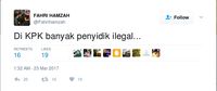 Screenshot Twitter Fahri Hamzah soal di KPK banyak penyidik ilegal