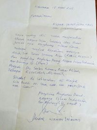 Surat yang dikirimkan Wawan Setiawan.