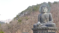 Foto: Patung yang dikenal sebagai dikenal sebagai Tongil Daebul atau Great Unification Buddha ini ada di jalan setapak menuju Kuil Sinheungsa. Penampakannya begitu besar dan menarik perhatian turis (Kurnia/detikTravel)