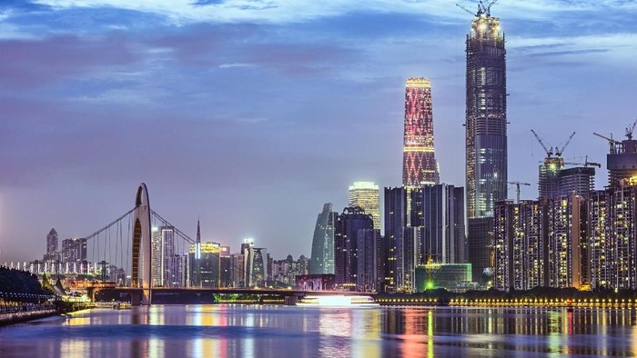 Guangzhou, China skyline on the Pearl River.