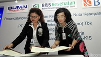 Hadir pada acara tersebut Direktur Hubungan Kelembagaan dan Transaksional Perbankan BNI Adi Sulistyowati bersama Direktur Kepesertaan dan Pemasaran BPJS Kesehatan Andayani Budi Lestari.