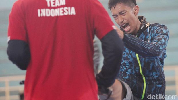 salah satu atlet pelatnas taekwondo saat berlatih di Pusat Pemberdayaan  Pemuda dan Olahraga Nasional (PP PON) Kemenpora, Cibubur